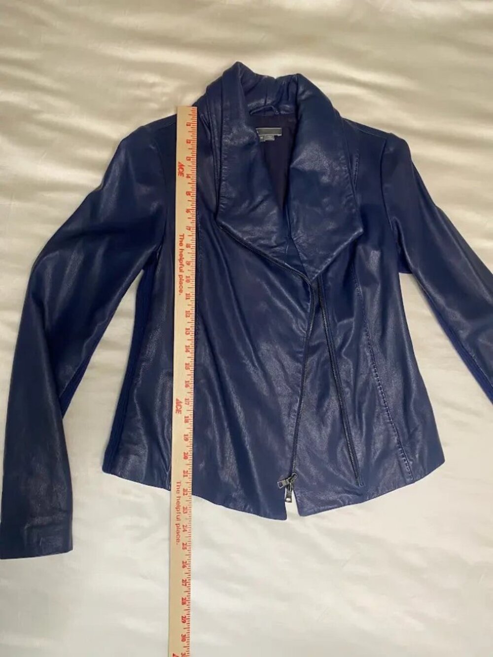 Vince Navy 100% Leather Asymmetric Moto Jacket | Knit Panels | Size M